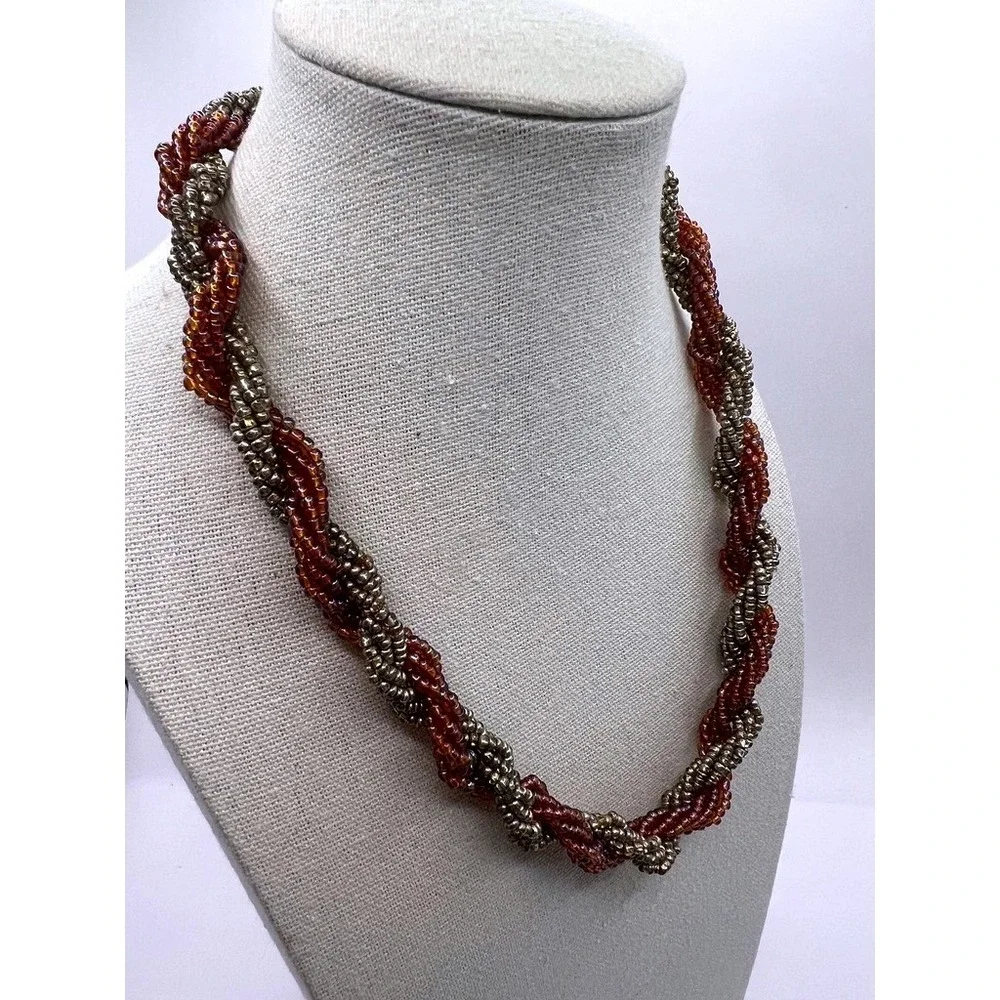 Vintage Necklace Twisted Glass Seed Bead Amber Iridescent Multi Strand Statement